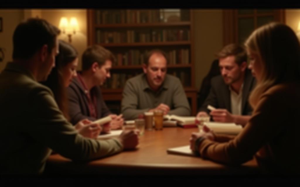 Evening reading group seated around a wooden table discussing a novel